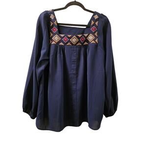 FSL Apparel Embroidered Blouse Square Neck Navy Blue Puff Sleeve Button Front L